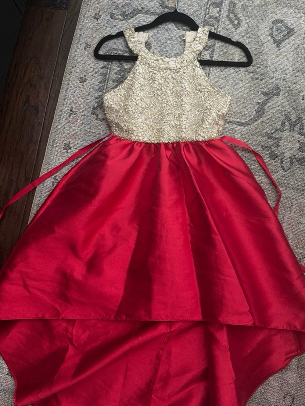Rare Editions Red Satin High-Low Dress with Gold Lace Bodice